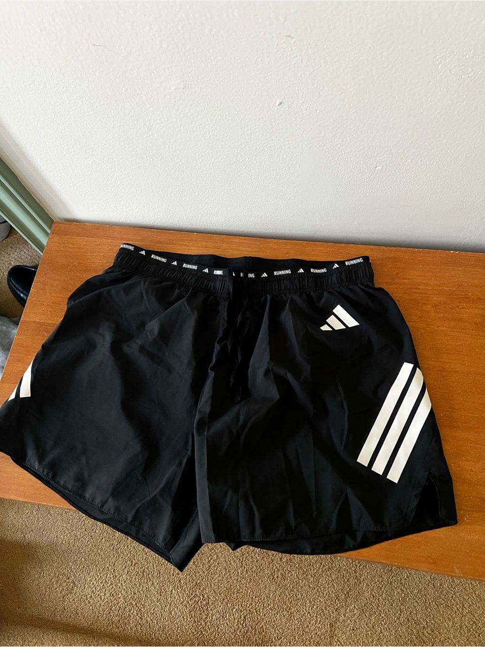 adidas Black Athletic Shorts with White Three-Stripe Accents 5” large